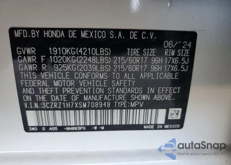 2025 Honda Hr-V Exl z USA, uszkodzony, nr VIN 3CZRZ1H7XSM708948